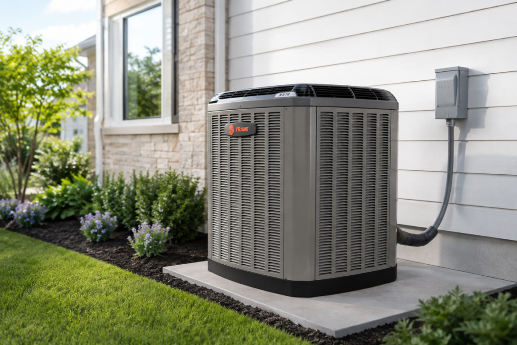 An air conditioning unit situated on the side of a residential home.
