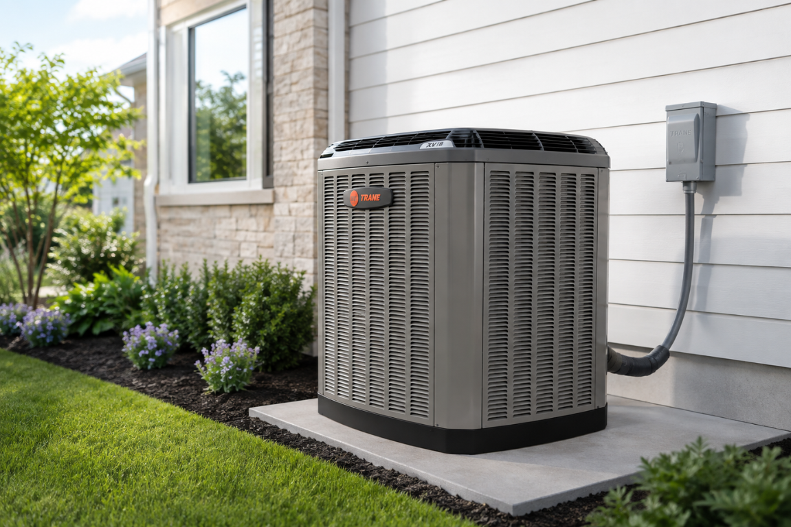 An air conditioning unit situated on the side of a residential home.