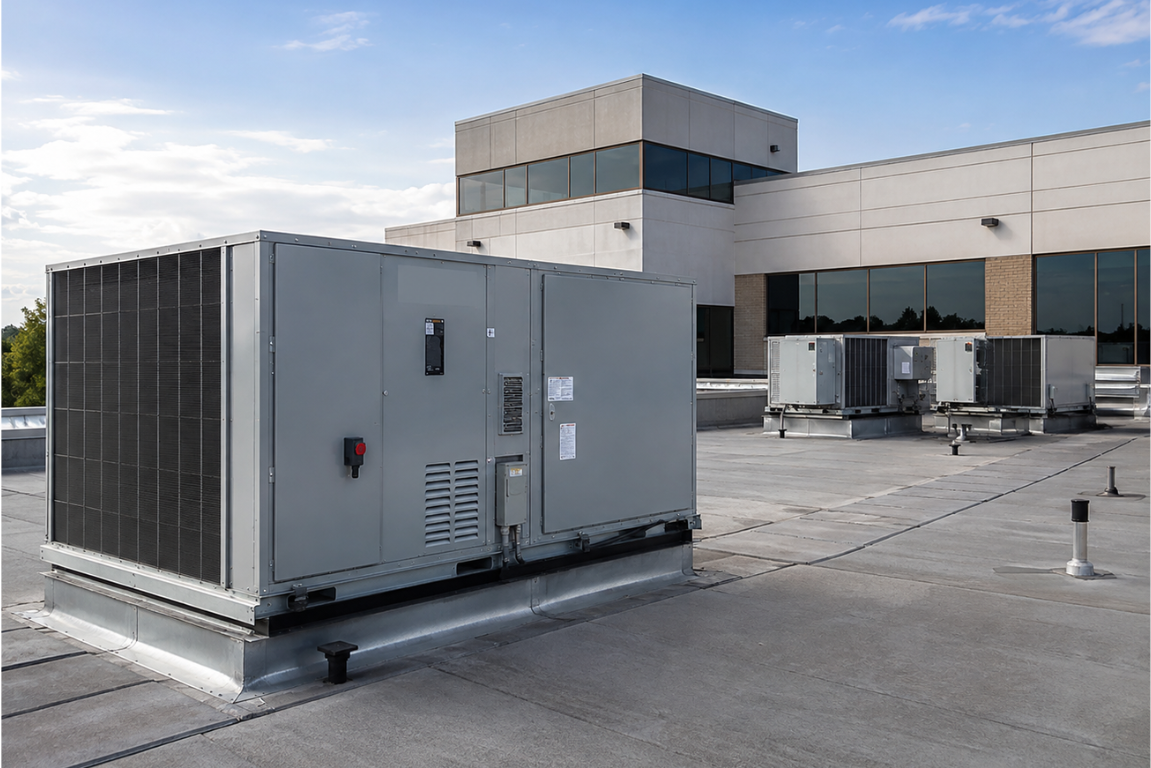 A large commercial air conditioning unit on top of a commercial building.