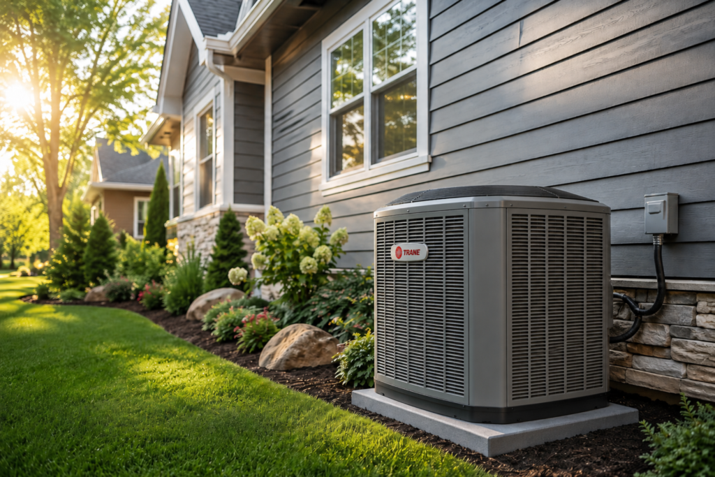 An HVAC machine on the side of a residential home.
