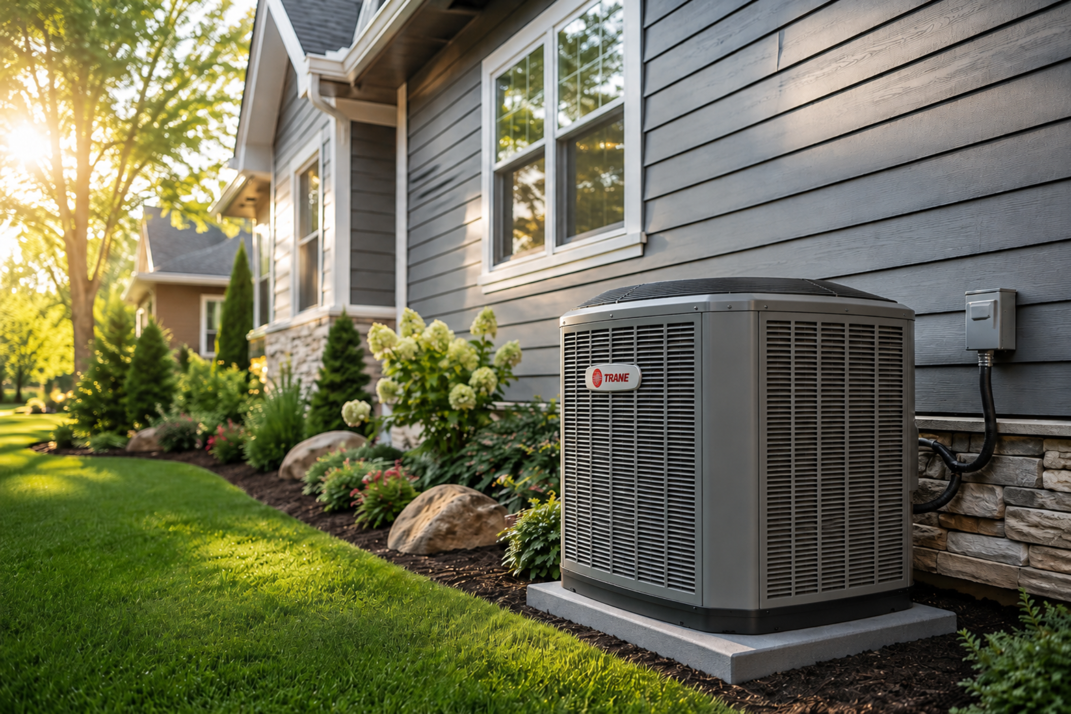 An HVAC machine on the side of a residential home.