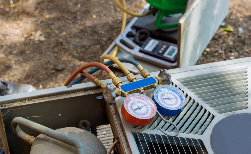 View of a red and blue HVAC testing calibration.