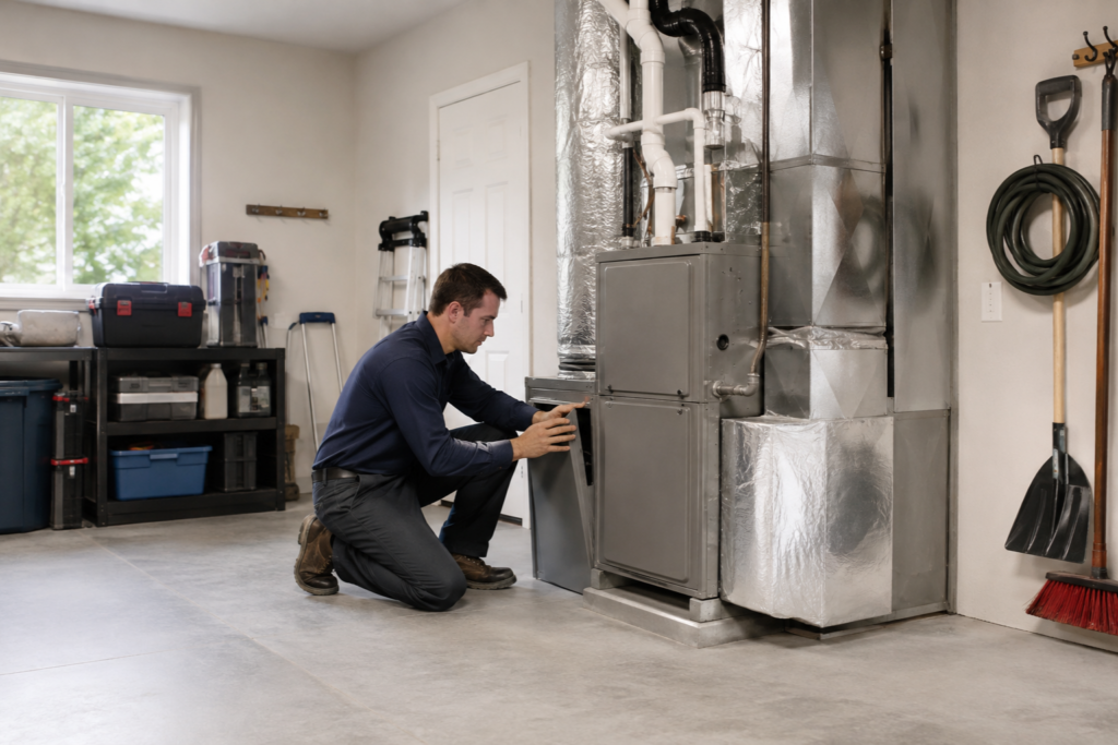 An HVAC mechanic working on an indoor unit.
