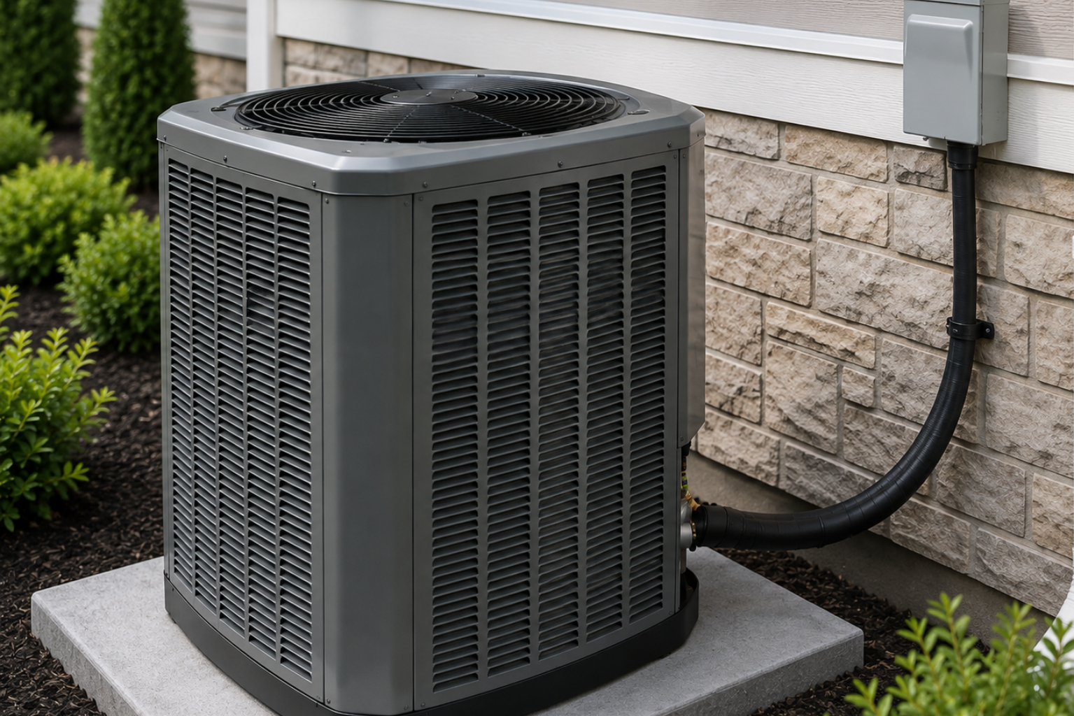 An air conditioning unit situated on the side of a residential home.
