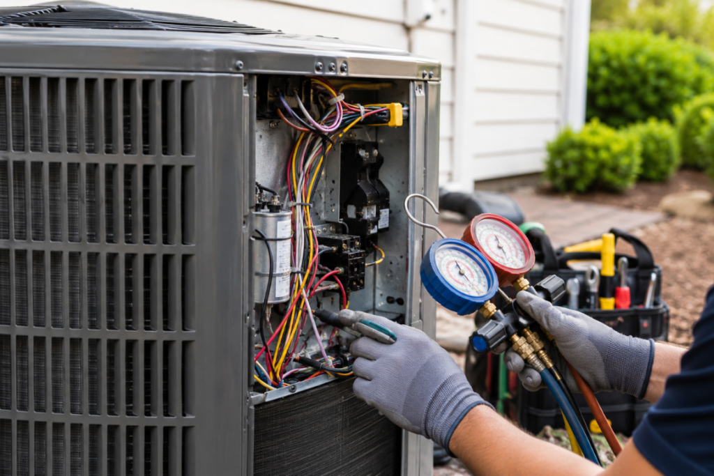 View of the hands of an HVAC mechanic working on an air conditioning unit.