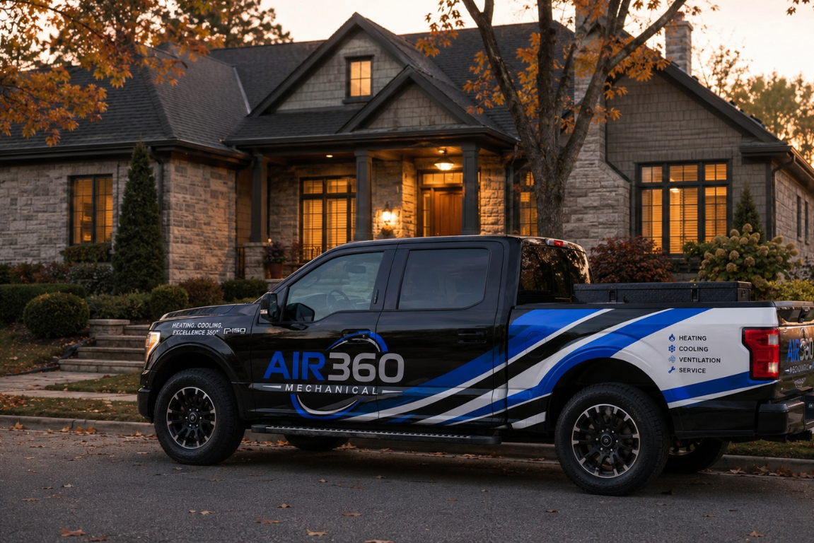 An AIR360 Mechanical truck parked outside a residential home during sunrise.