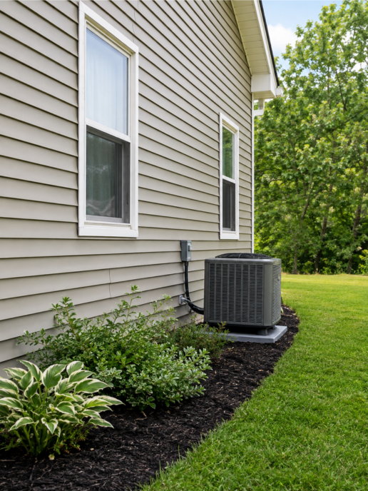 An air conditioning unit situated on the side of a residential home.